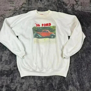 Vtg Hanes Activewear '36 Ford Sweatshirt Made In USA Size L/XL White Pullover